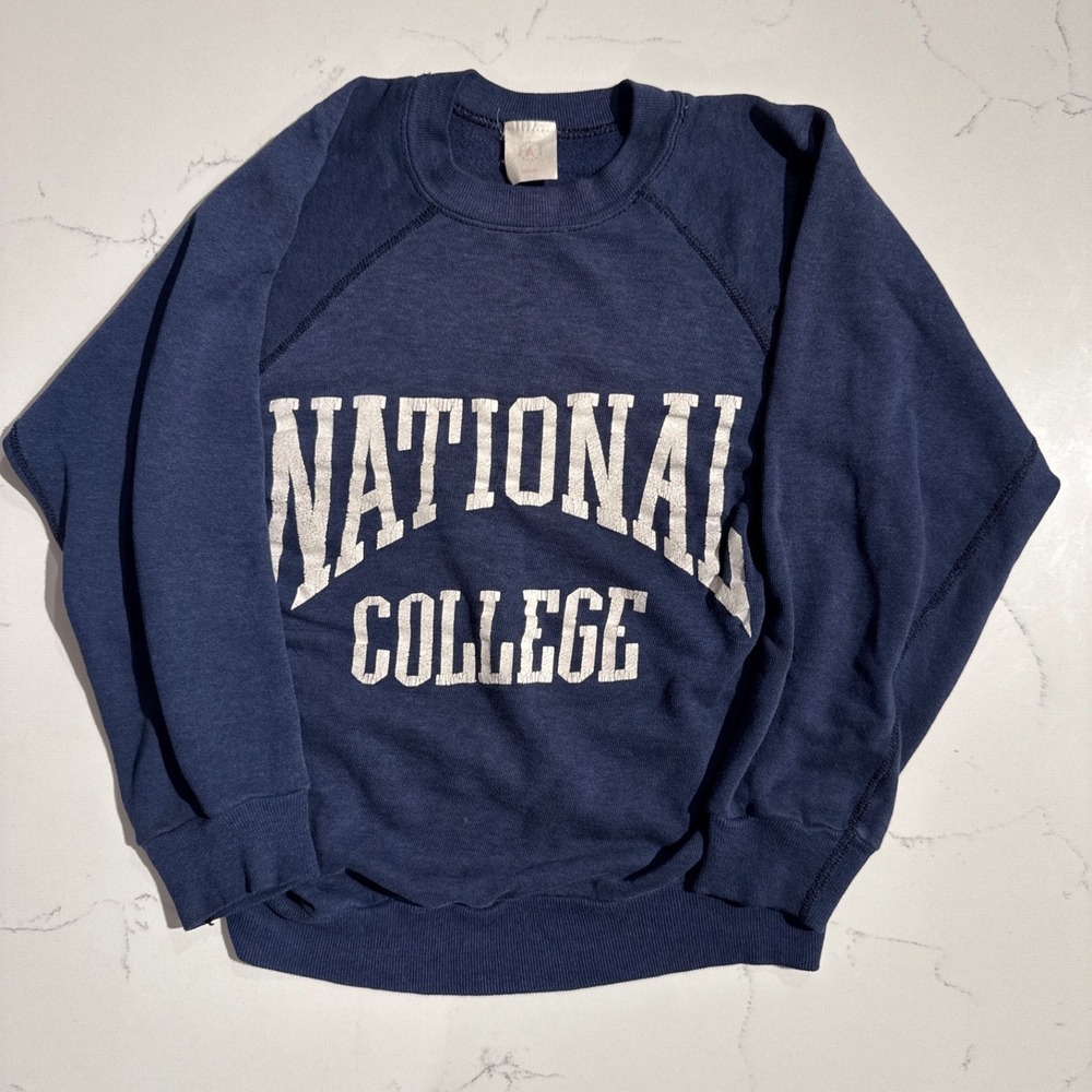 Vintage National College Sweatshirt Navy Blue Sleeve Crewneck Pullover
